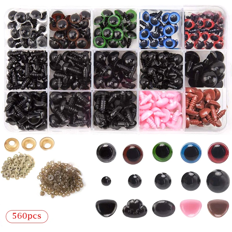 560Pcs Safety Eyes and Noses with Washers for Stuffed Animal Doll Crochet Black Glitter Eyes for Crafts Teddy Bear Making