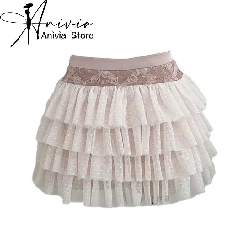 

Women's Pink A-line Skirt Vintage 90s Y2k Mesh Mini Skirt Harajuku Korean Elegant Kawaii Lolita Skirts 2000s Clothes Summer 2024