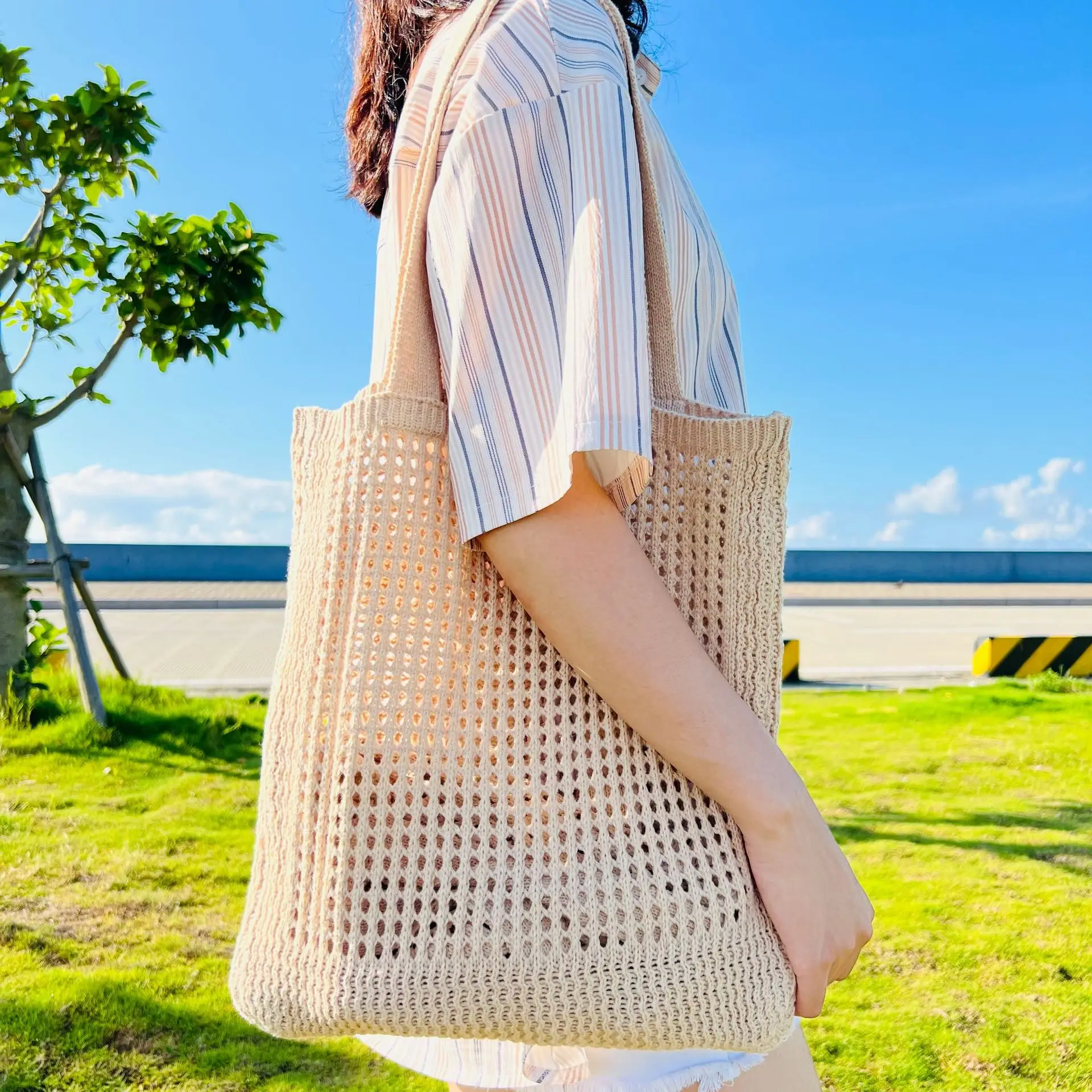 Solid Y2K Color Summer Hollow Out Shopping Bag Women's Designer Tote Beach Carryall Knit Soft Pink Black Khaki Cute Minimalist