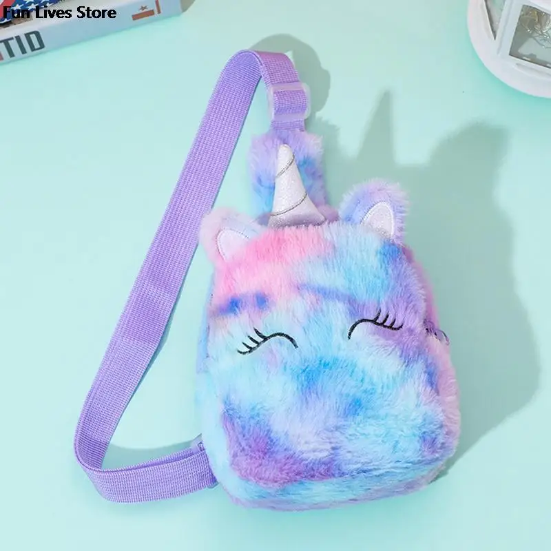 

Rainbow Color Chest Bag Children Unicorn Plush Shoulder Purse Lovely Animal Carry Bags Kids Handbags Soft Suede Clutches Buckle