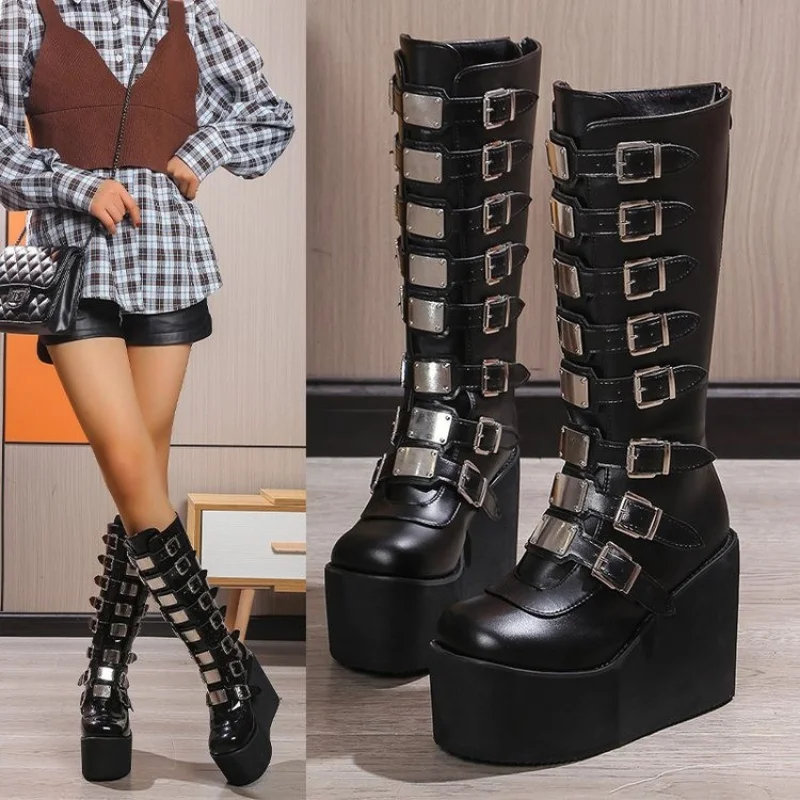Women Knee Boots Brand Design Female Wedges High Heels Knee High Boots Black Platform Boots Women Gothic Cosplay Shoes