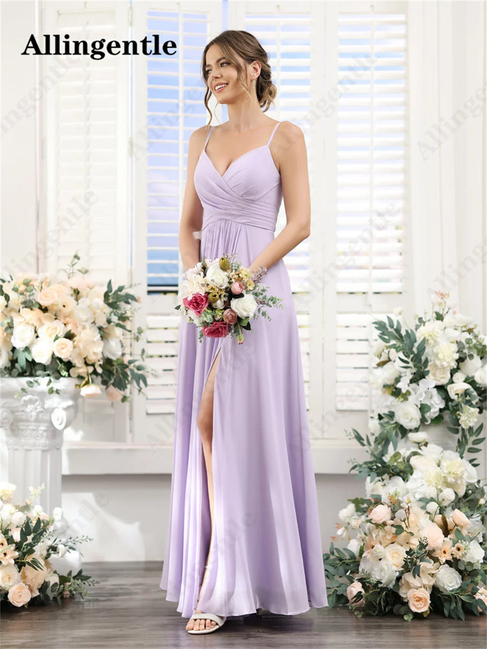 Allingentle Lilac V-Neck Bridesmaid Dress A-Line Spaghetti-straps Pleated Chiffon Floor Length Side Slit Maxi Dress with Pocket