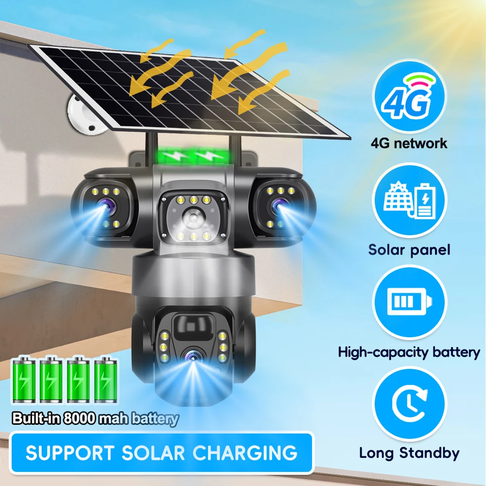Pro Solar Power Camera Support 4G Sim Card Triple Lens PIR Human Detection CCTV