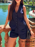 KONDALA Casual Women Suits 2 Pieces V Neck Buttons Vest Blazer+High Waist Wide Leg Shorts Fashion 2025 Summer Vintage Sets
