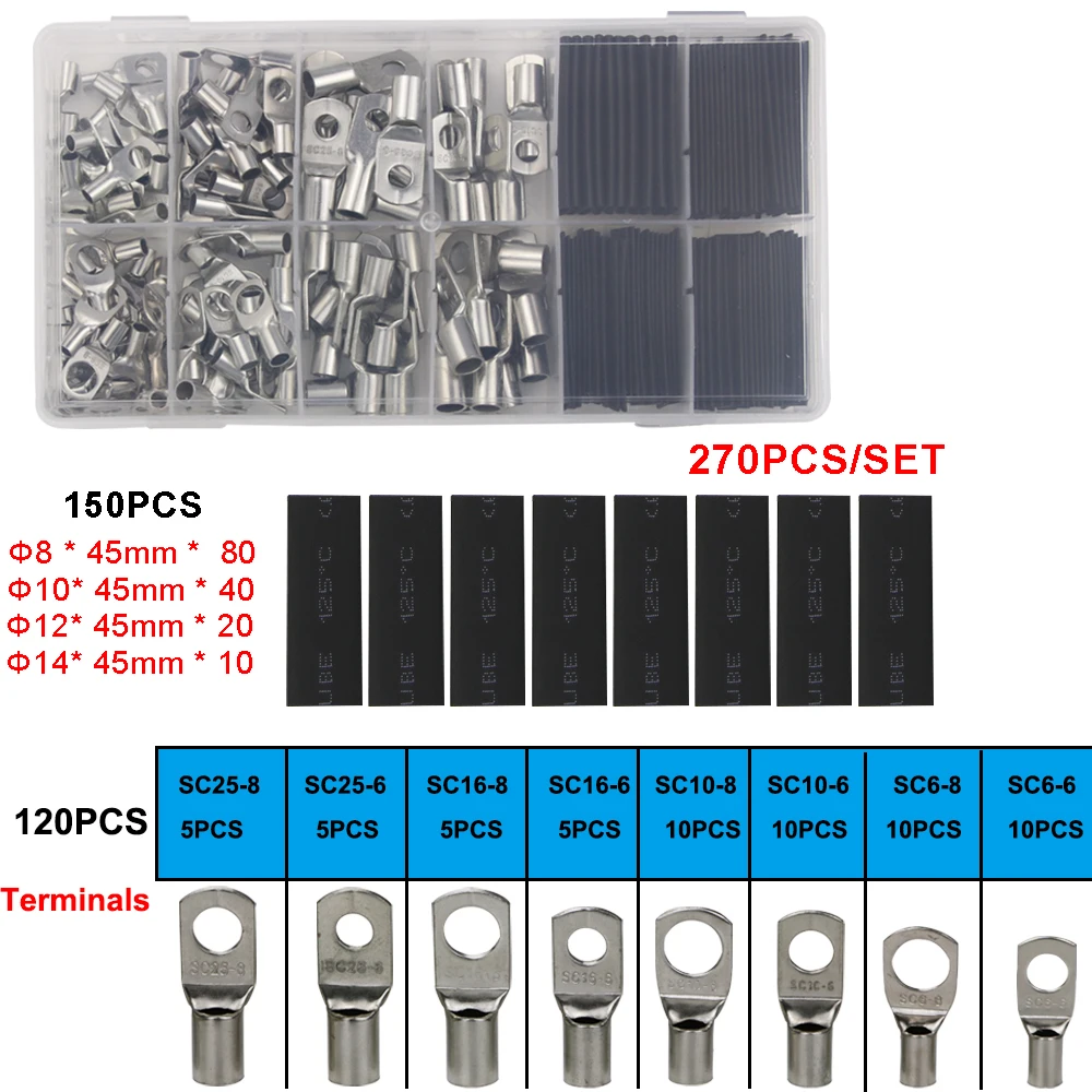 60/90/120/250/270 Pcs Various Copper Ring Terminal Wire Crimp Connector Seal  Battery Wire Terminals Connectors  Kit 60/90/120/250/270 Pcs Various Copper Ring Terminal Wire Crimp Connector Seal  Battery Wire Terminals Connectors  Kit