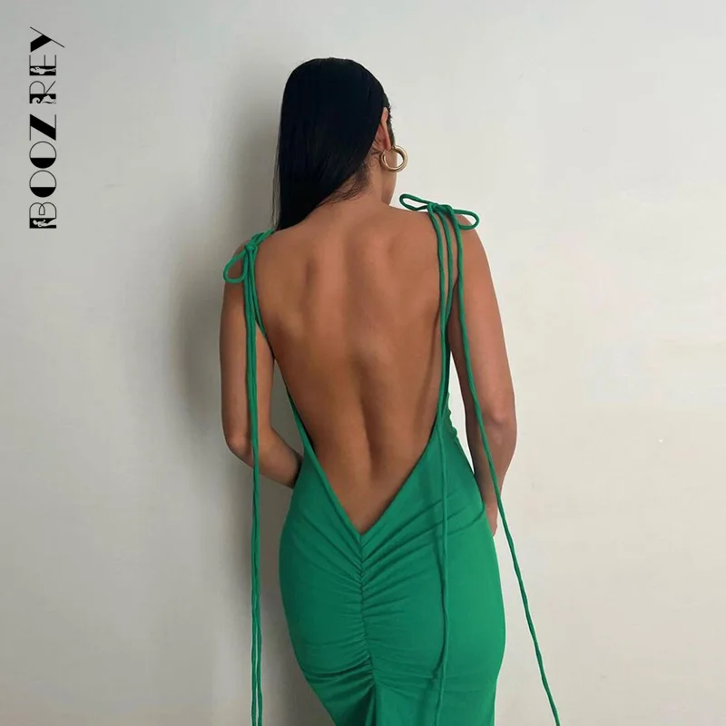 

BoozRey Elegant Fashion Halter Sexy Backless Draped Maxi Dress Women 2022 Summer Women Party Long Straps Shift Dresses Clothes
