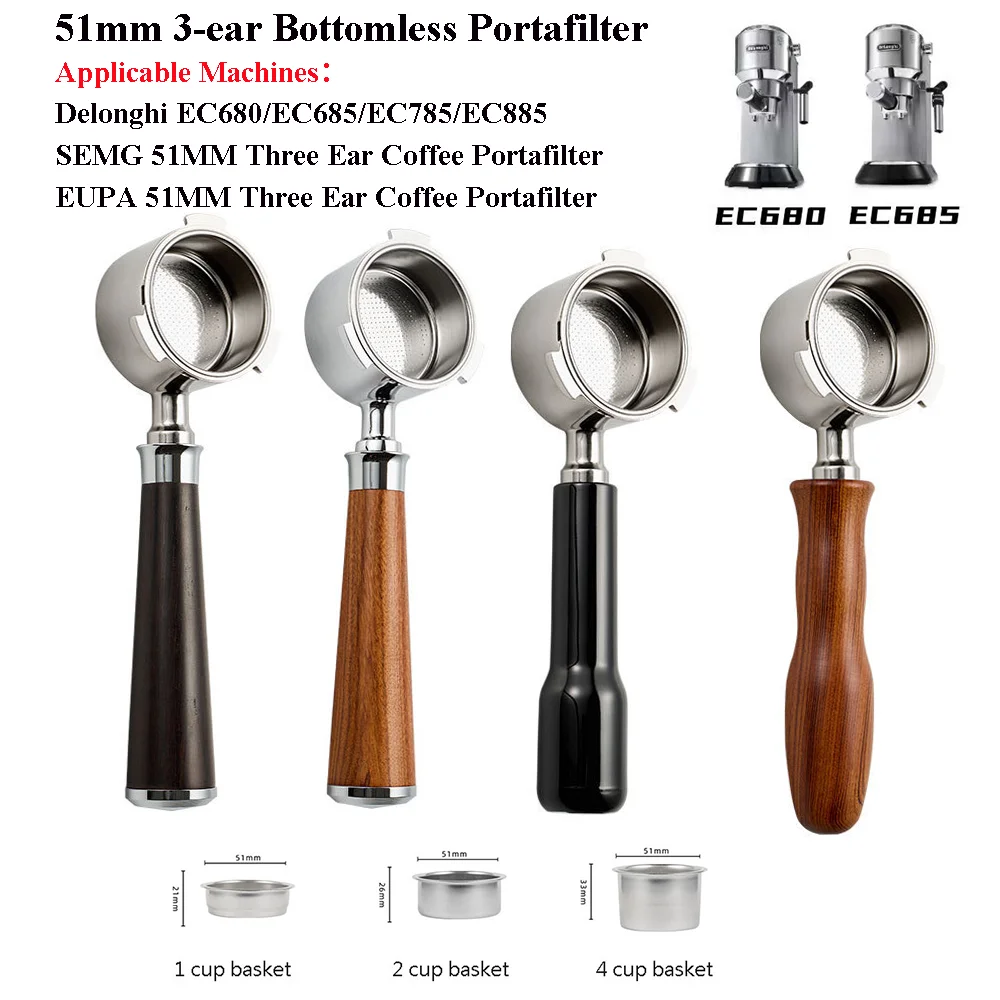 Naked Coffee Portafilter 51mm Stainless Steel Coffee Handle 1/2/4 Cup Basket Delonghi EC680/EC685/EC785/EC885