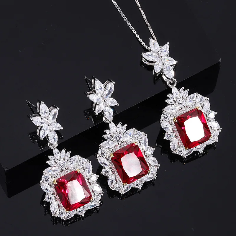 

S925 Full body silver Tiktok hot sale women's popular pigeon blood ruby vintage style pendant jewelry ring set 10 * 12