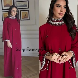 Wine Red Crystal Prom Dresses Loose Long Sleeves Beads Elegant Customizable Evening Dress Formal Occasion Party Gown Robes De