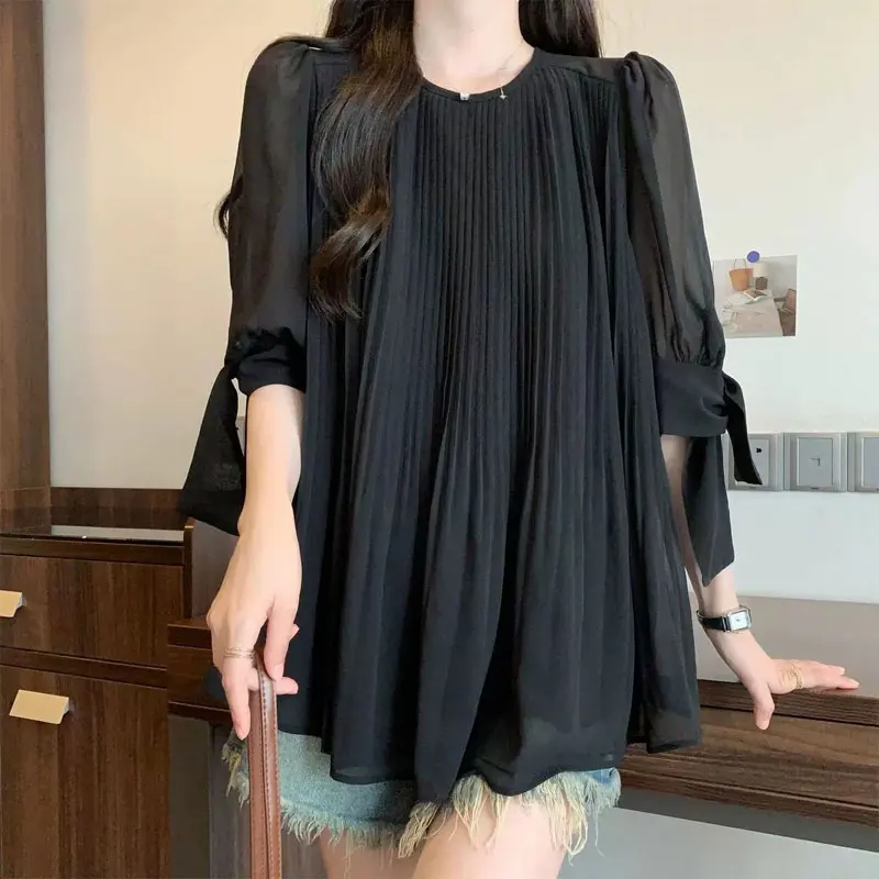 Casual 3/4 Sleeve Drawstring Shirt Women's Clothing Solid Color All-match 2024 Summer Fashion Pleated Korean Round Neck Blouse