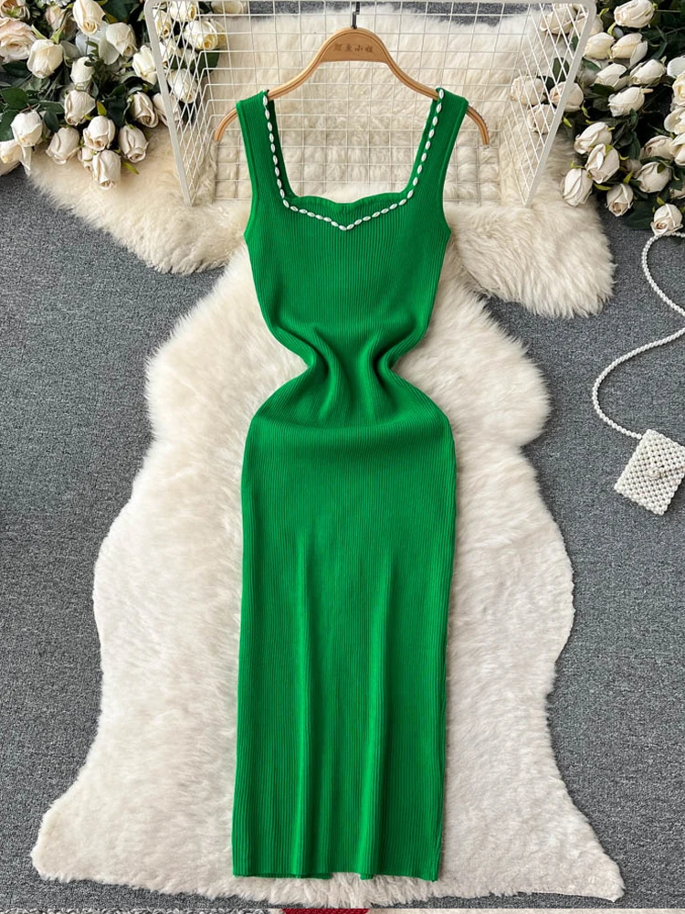 

YuooMuoo, летнее трикотажное платье, модное романтичное облегающее платье с жемчугом и квадратным вырезом, женское сексуальное облегающее платье на бедрах