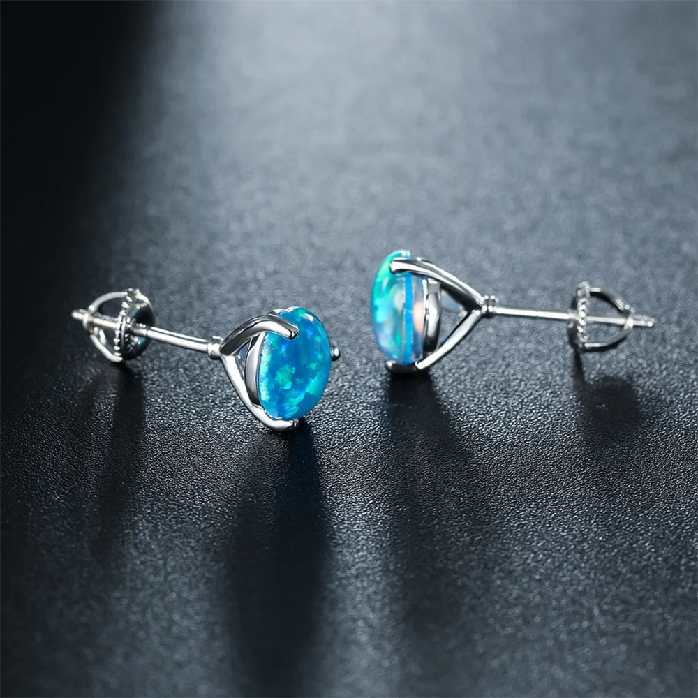 Trendy 3 Claw Round Stone Screw Back Earring Blue Opal Small Stud Earrings For Women Classic Silver Color Wedding Jewelry Gifts