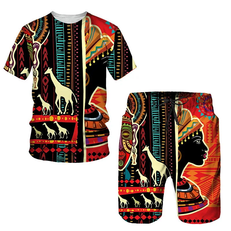African traditional Style Tracksuit For Men Short Sleeve T Shirt Shorts 2 Piece Sets Oversized Casual Trendy Jogging Male Clothe
