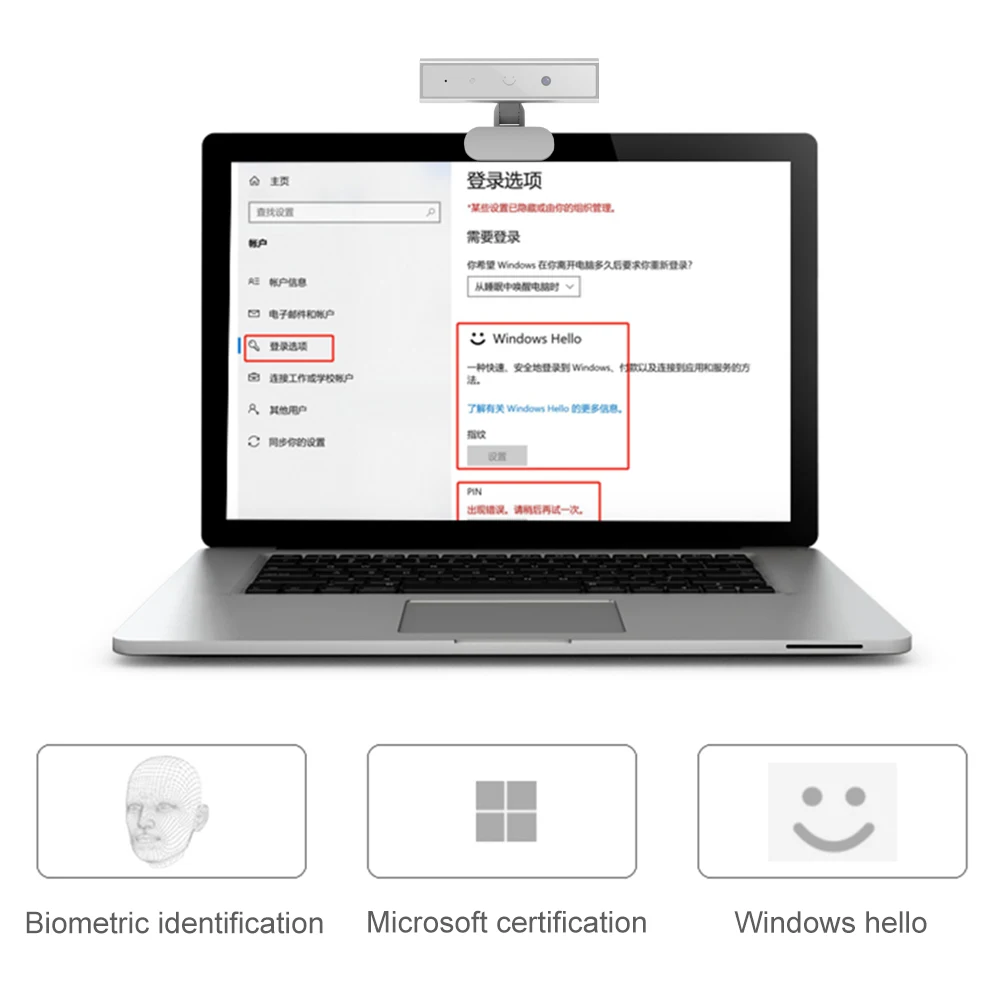 Facial Recognition Webcam Hello Identification Login Full HD 1080P 2MP Web Camera with Single Microphone For Windows 10/11
