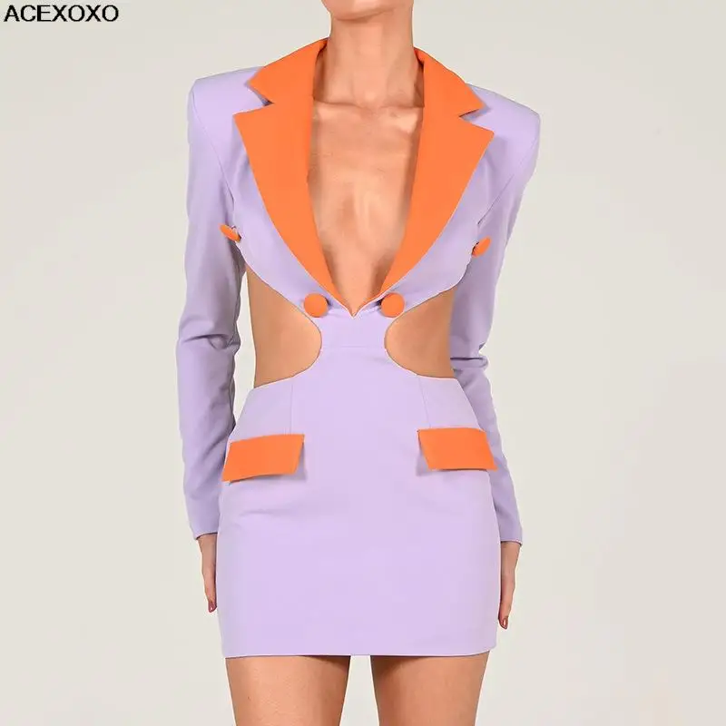 

Dress color matching lapel backless dress autumn new fund sell like hot cakes sexy female waist long sleeve skirt