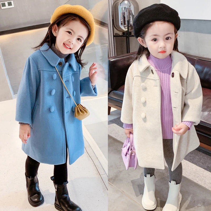 1-7 Years Girls Wool Coats New Fashion Korean Version Long Kids Jacket Spring Autumn Double Breasted Children Outerwear Clothing girls winter coat