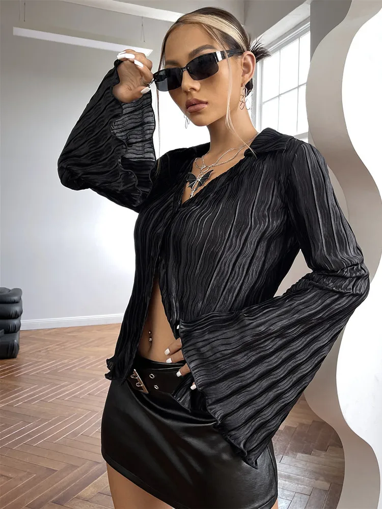 

EYouth 2022 New Summer Women Clothes Casual Single Breasted Turn-Down Collar Blouses Wild Solid Long Sleeve Loose T-Shirt