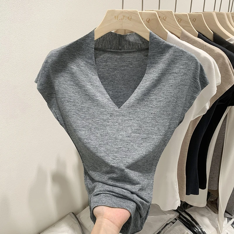 AOSSVIAO 2025 الصيف سليم صالح قاعدة تي شيرت بلون تنوعا الخامس الرقبة قصيرة الأكمام تي شيرت المرأة رداء علوي غير رسمي على الموضة 2