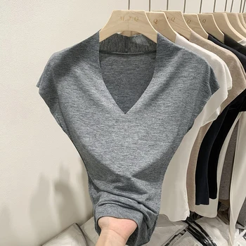 AOSSVIAO 2025 الصيف سليم صالح قاعدة تي شيرت بلون تنوعا الخامس الرقبة قصيرة الأكمام تي شيرت المرأة رداء علوي غير رسمي على الموضة 2