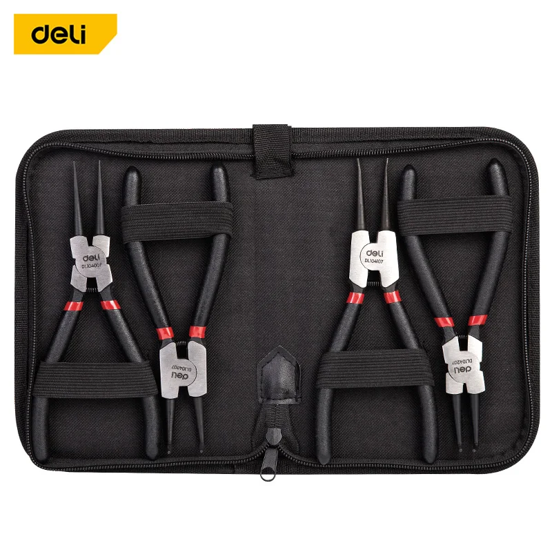 

Deli 4 Pcs Circlip Plier Set 7'' Long Nose Plier Staight Bent Plier Inner Outer Staight Bent Plier Retaining Snap Ring Remover