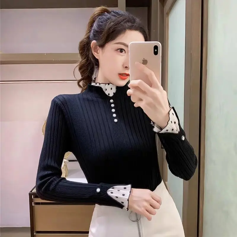 Elegant Stand Collar Knitted Spliced Button Lace Blouses Women's Clothing 2023 Autumn Winter Casual Tops Princess Sleeve Shirts
