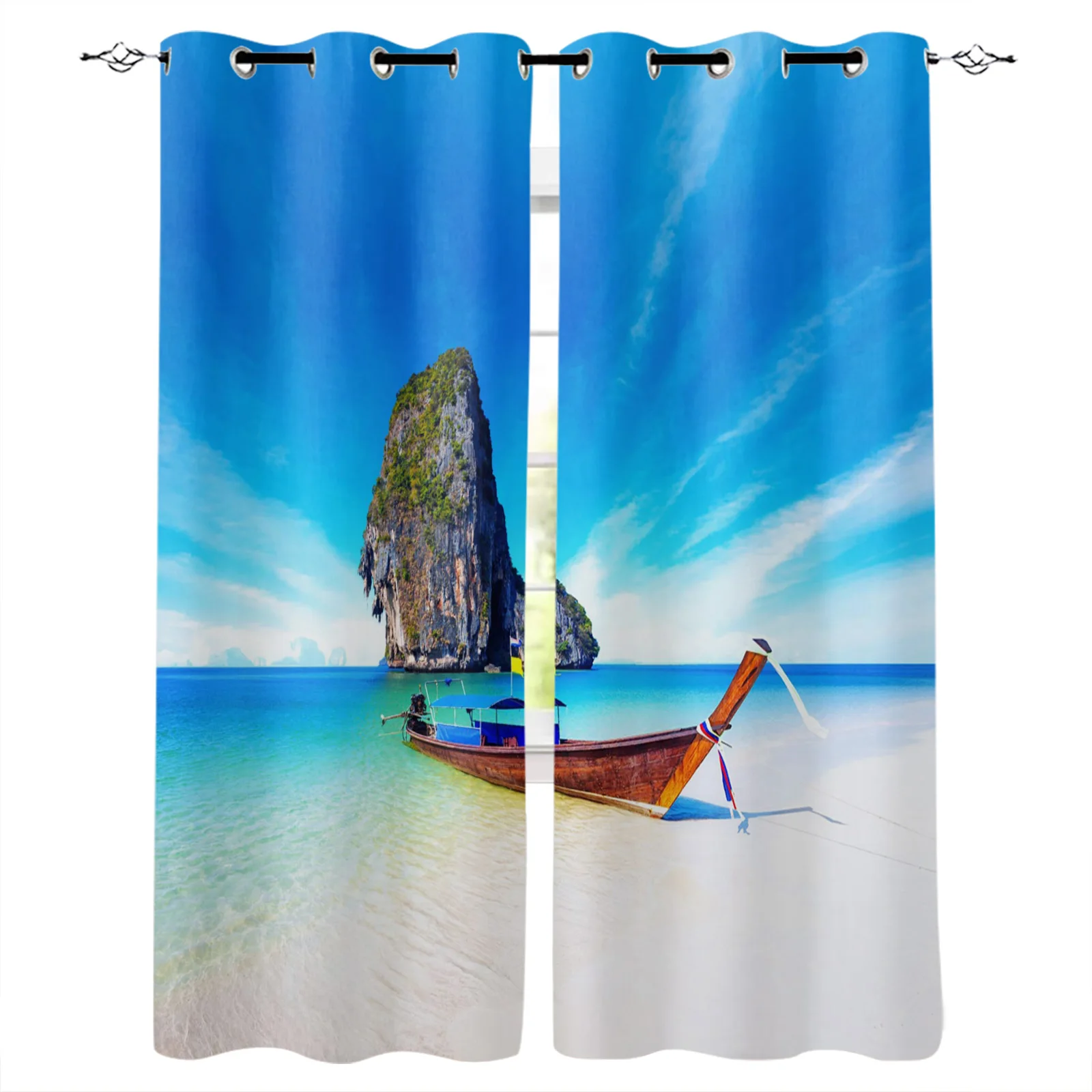 Boat Small Island Beach Blue Sky Living Room Hanging Curtains Balcony Kitchen Study Modern Window Treatments | Дом и сад