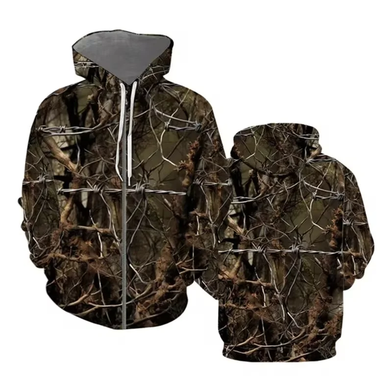 thumbnail image 1 of Sudadera con capucha y estampado 3D de hojas marchitas para hombre, sudadera con estampado de camuflaje forestal, sudadera informal de otoño con cremallera de gran tamaño, 1 of 5