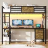 Twin Loft Bed with L-Shaped Desk,Metal Twin Size Bed Frame with LED Lights & Charging Sation3Fabric Drawers2Tier Storage Shelves 2
