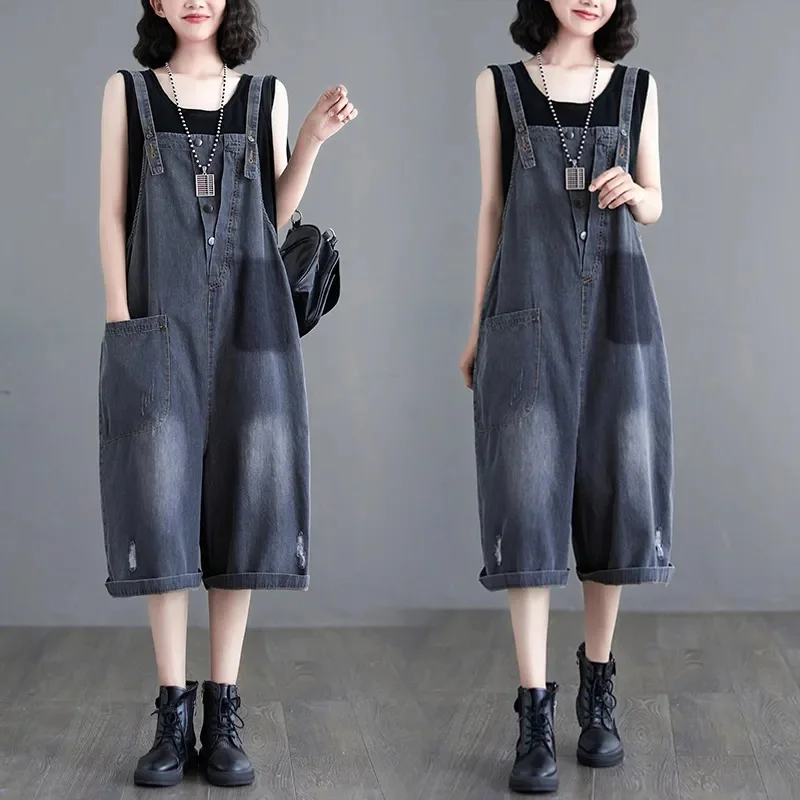 Denim Playsuits Women's Summer New Strap Shorts Over Knee Mid long Casual Jumpsuit Pant with Strap Wide Leg Pants Female Jeans
