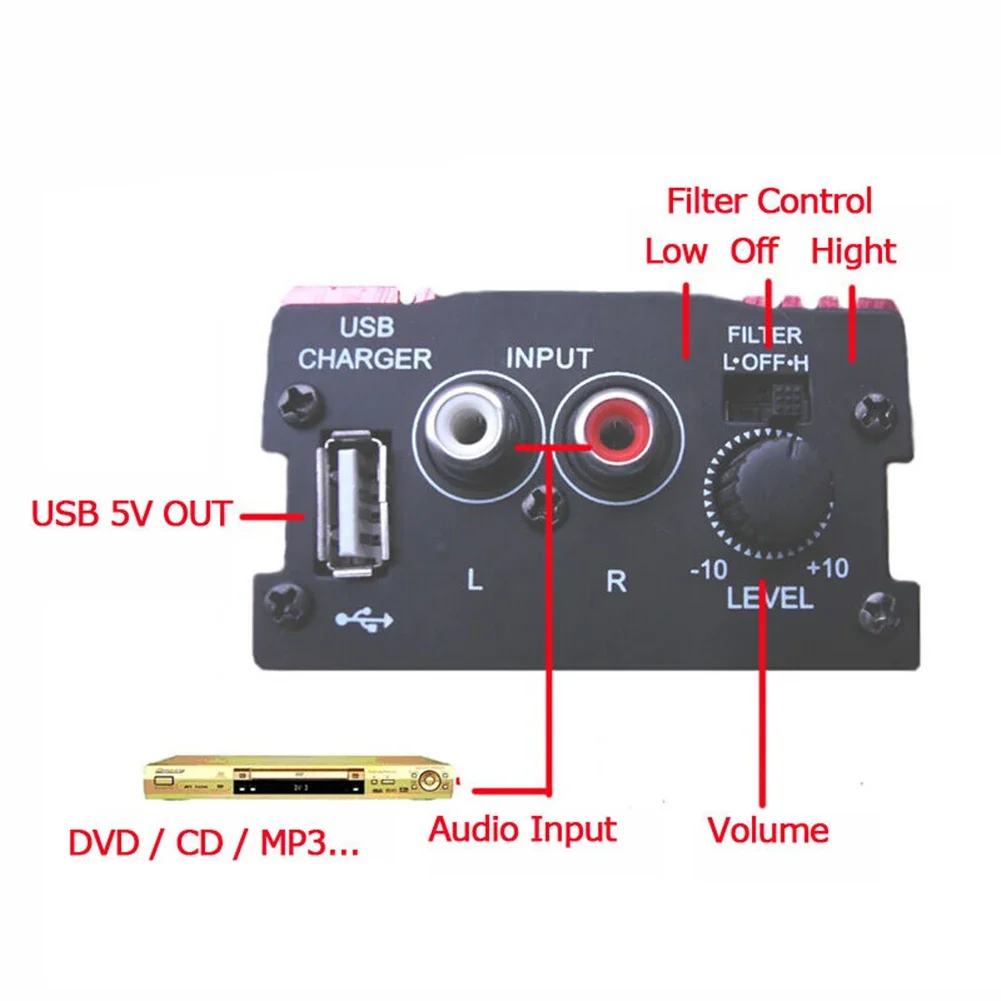 Car 12V 500W 2 Channels Mini Hi-Fi Stereo Audio Amp Subwoofer Aluminum Alloy Red LED Indicator Overload Protection Car Part