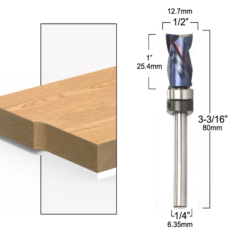 

Bearing Ultra-Perfomance Compression Flush Trim Solid Carbide Blue Coating CNC Router Bits End mill 1/4" 6mm Shank