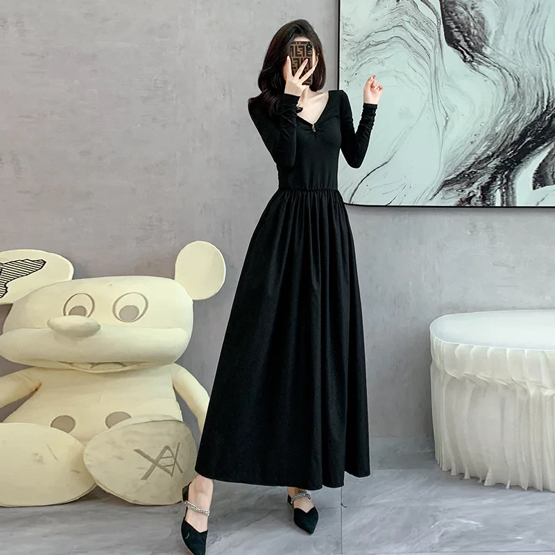 

TFETTERS Brand Black Dress for Women 2024 Autumn Solid Color Ankle-Length Large Hem Elegant Dresses Retro Casual Women Clothes