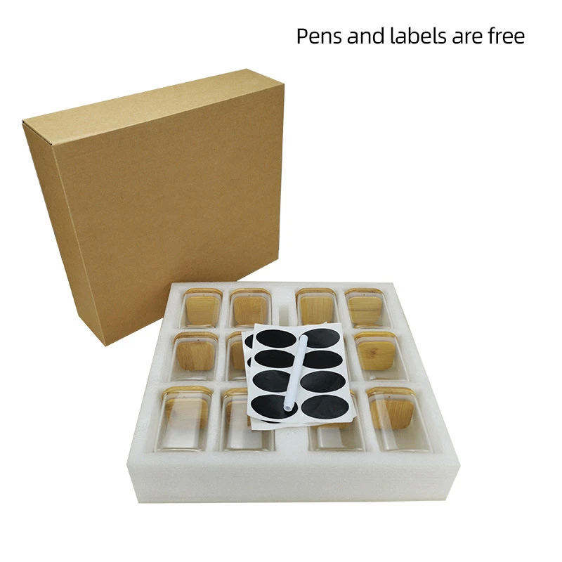 12 Units 200ml Square Glass Storage Jars Bamboo Cover Sealed Glass Bottle Kitchen Seasoning Storage Tank 4