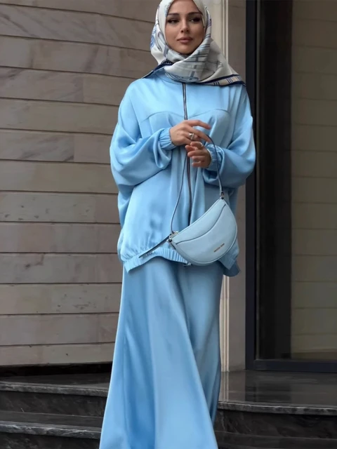 Robe musulmane Satin 2 pièces ensemble femmes fête Abaya Musulman Ensembles arabe longue Robe dubaï caftan robes Jalabiya Ramadan Eid