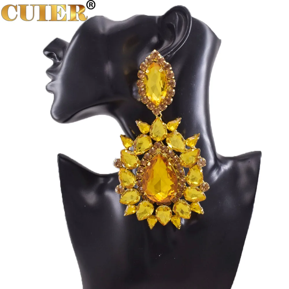 CuiEr 14.5CM Elegant Purple Crystal Clip on Women Earring Pink Water Drop Huge Fashion Jewelry for Beauty pageant Drag queen