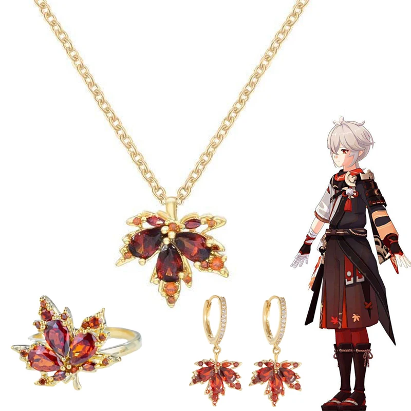 

Game Genshin Impact Kaedehara Kazuha Cosplay Ring Women Necklace Earrings Jewelry Adjustable Maple Leaf Pendant Choker Ear Studs