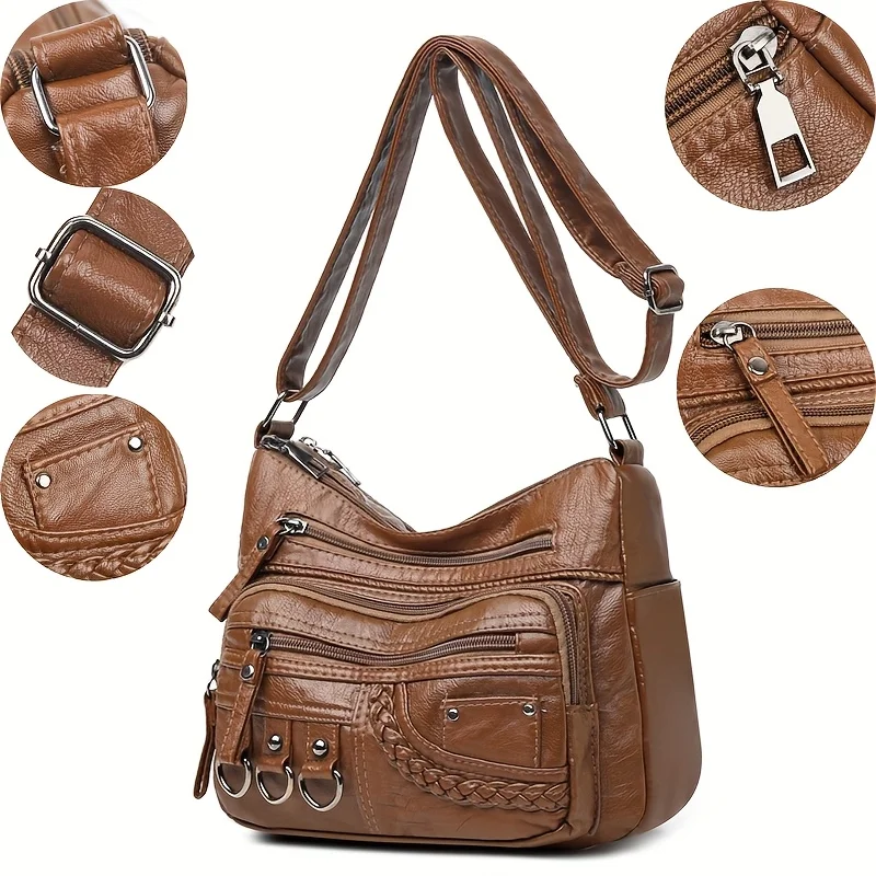 Women'S Large Capacity Shoulder Crossbody Bag, Multi Layer Zipper Pocket Synthetic Handbag Purse with Golden-Tone Hardware