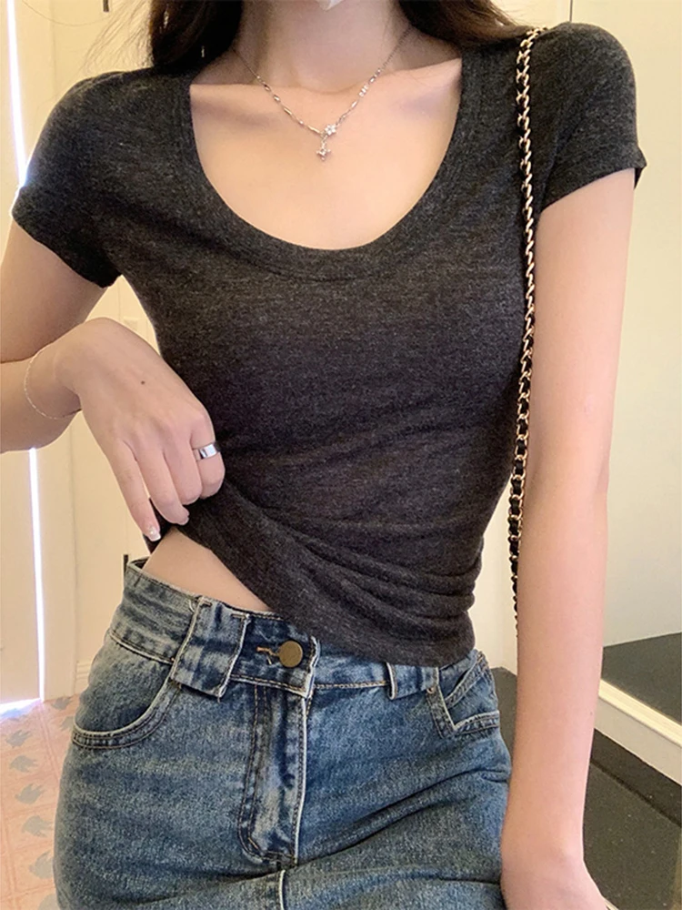 مثير س الرقبة ضئيلة تي شيرت المرأة القطن مطاطا الأساسية الصلبة الإناث بلايز عادية قصيرة الأكمام رقيقة تي شيرت انظر من خلال 3