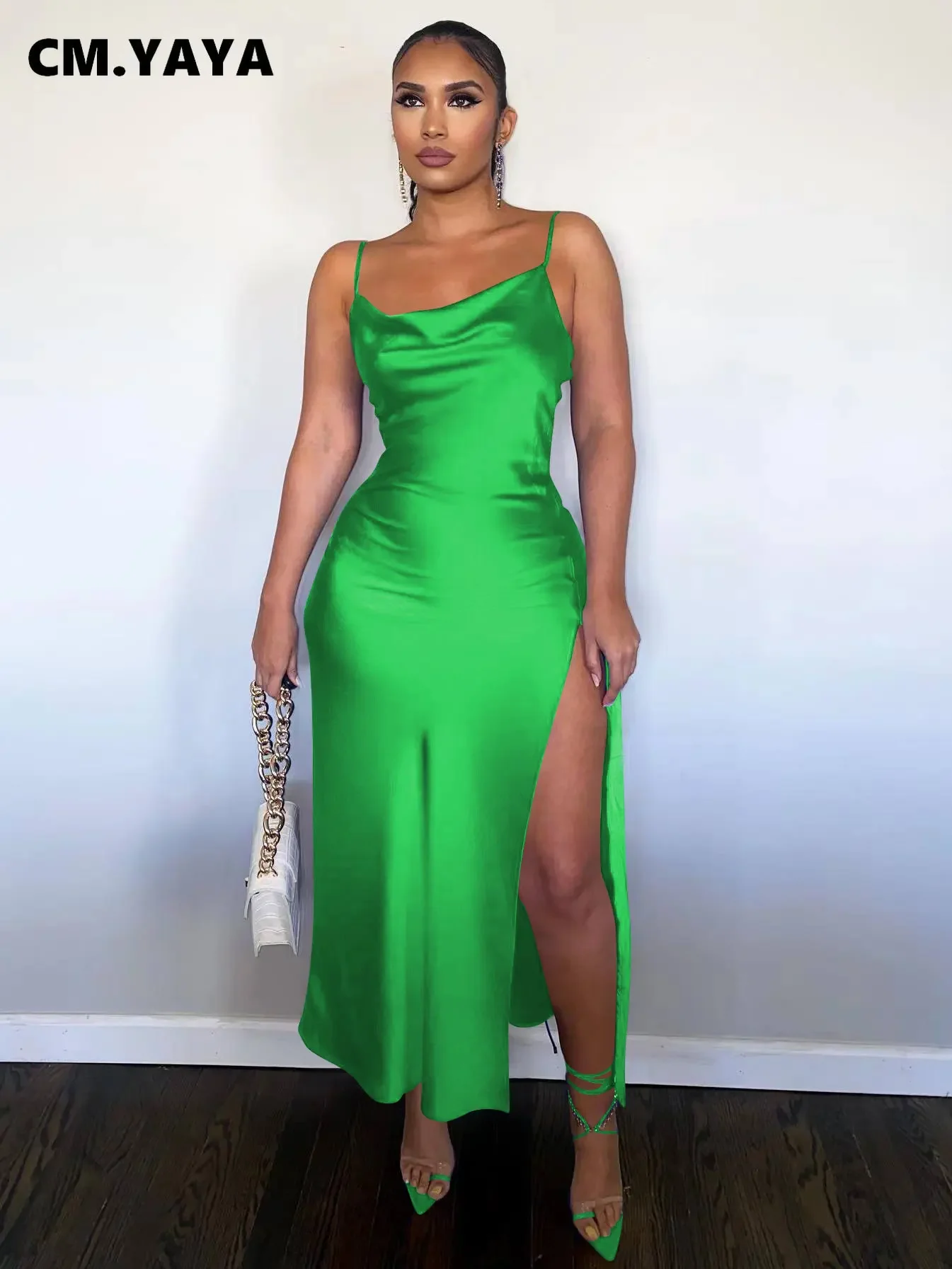 Vrouwen Spaghetti Stapel Stapel Hals Hoge Zijsplit Satijn