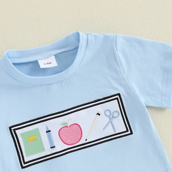 Boys Summer Outfit Set with Short Sleeve Embroidered Top and Plaid Shorts O Neck Toddler Boys Clothing Set for Summer 2