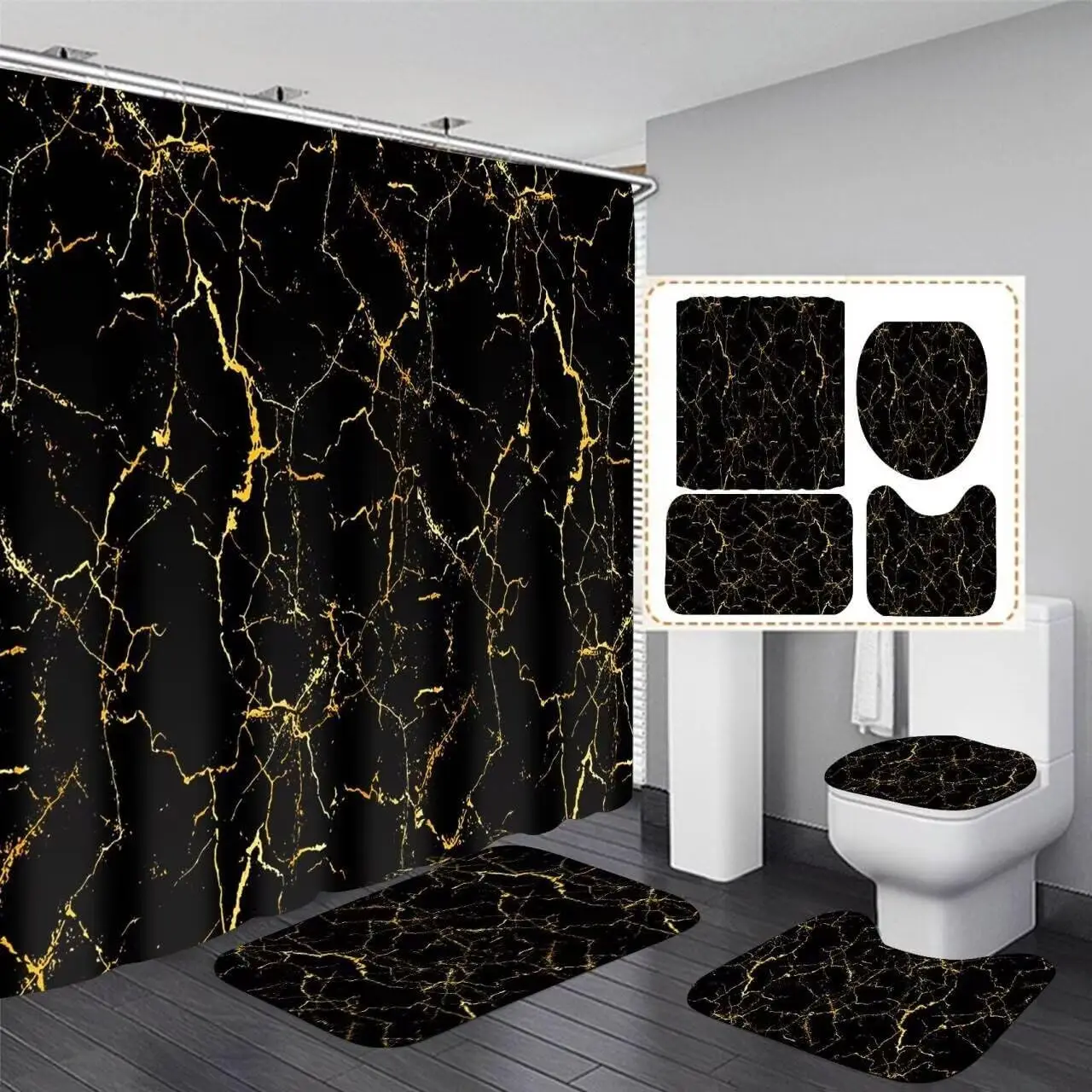 4PC Black & Gold Marble ชุดผ้าม่านอาบน้ํา-ตกแต่งห้องน้ําหรูหรา 12 ตะขอ,พรมกันลื่น & อุปกรณ์เสริม 1