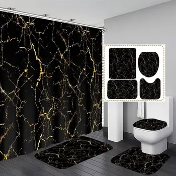 4PC Black & Gold Marble ชุดผ้าม่านอาบน้ํา-ตกแต่งห้องน้ําหรูหรา 12 ตะขอ,พรมกันลื่น & อุปกรณ์เสริม 1