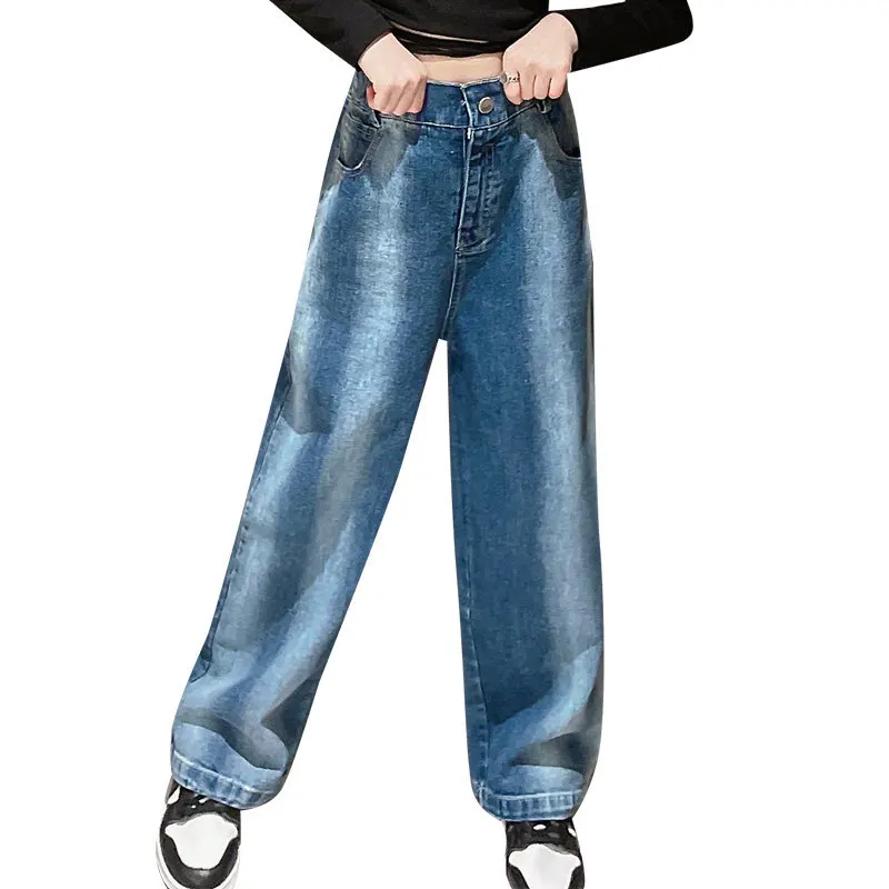 

Джинсы для девочек, модные грандиозные хлопковые джинсовые брюки с широкими штанинами на весну и осень, Новое поступление, корейские Детские уличные брюки
