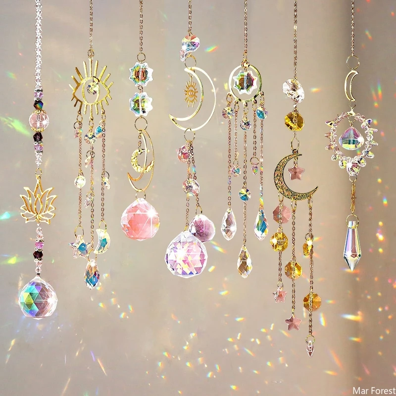 Crystal Suncatcher Sun Moon Light Catcher Pendants Wind Chimes Rainbow Maker Home Garden Decoration Window Car Charm Ornament Sun Catcher Crystal Pendant Sun Catchers Window Ornament