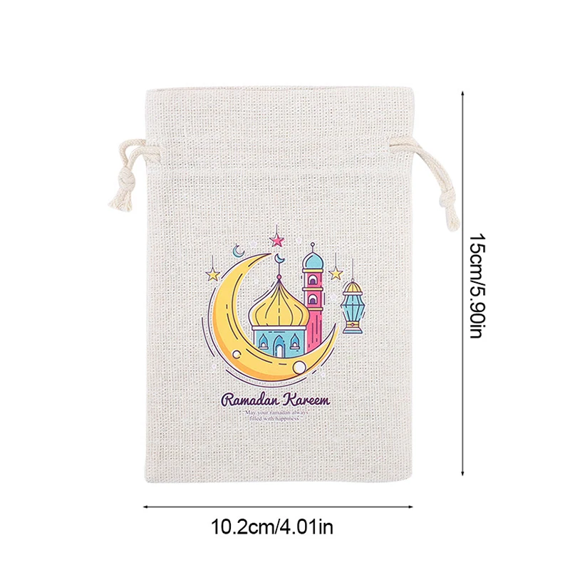 10Pcs Ramadan Linen Gift Bag with Drawstring 2025 Islamic Muslim Party Decor Supplies Eid Mubarak Candy Snack Packaging Pouch