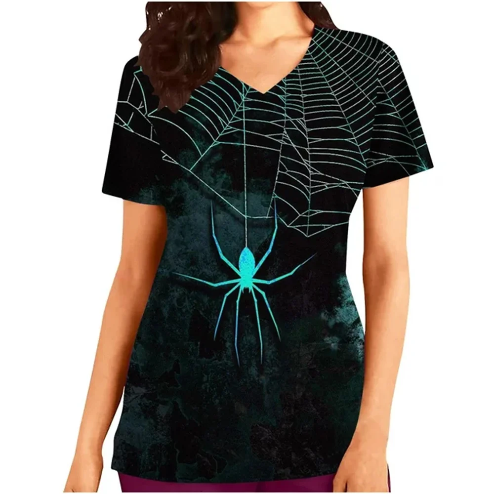Chirurgische Uniformen Frau Halloween Drucke Aushärtbare Krankenschwester Tops Casual V-ausschnitt Kurzarm Patch Tasche T-shirts Krankenschwester Uniform Frau – Detail 8