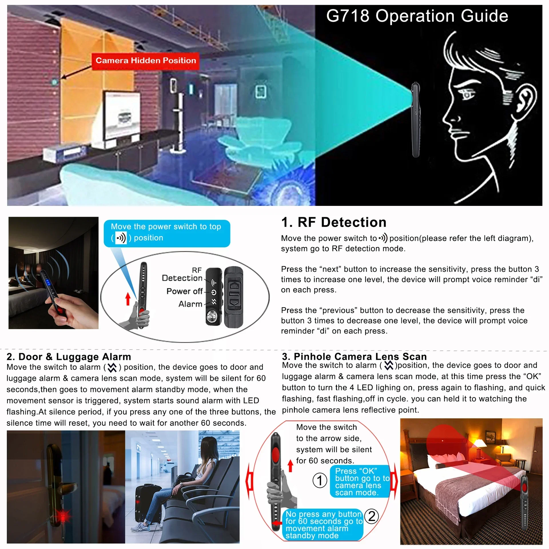 Hidden Camera Detector GPS Tracking Device Recording Listening Device Detector Hotel Car Hidden Bugging Camera