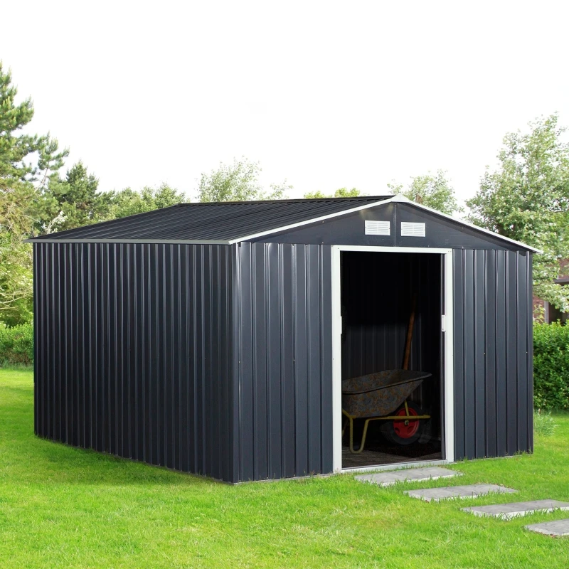 

11' x 9' Metal Garden Shed Utility Tool Storage, Outdoor House for Backyard and Garden - Dark Grey