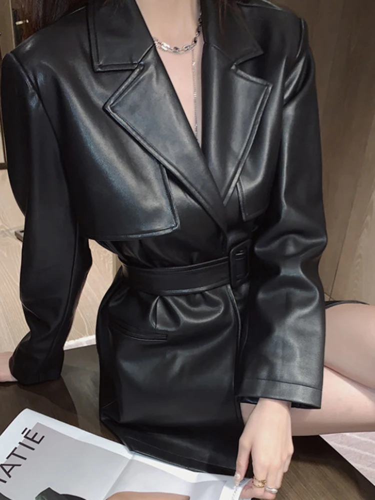 The Same Super Sa Hong Kong Style Belt Windbreaker 2022 Autumn Waist Closing Thin Medium Long Leather Dress Women