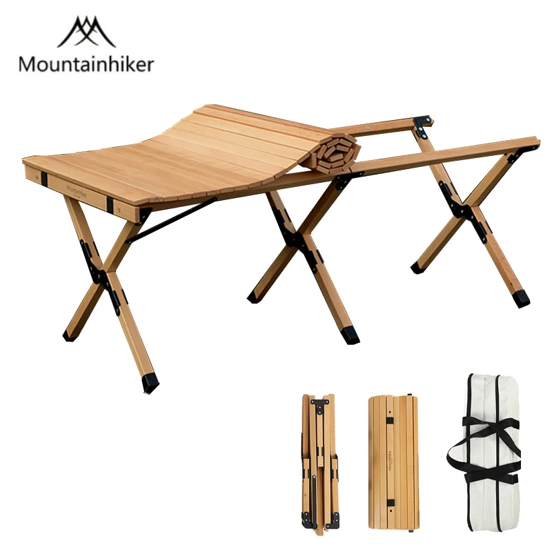 

MOUNTAINHIKER Solid Wood Roll Folding Wooden Table Portable Outdoor Indoor Foldable Picnic Table Camping BBQ Fishing Table